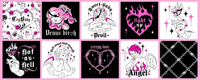 goth valentine's day concept.black and pink glam love set.dangerous creepy fire valentine cards, seamless backgrounds, square posts, print. y2k stickers, wire frames, flame hearts, fun angels, devils