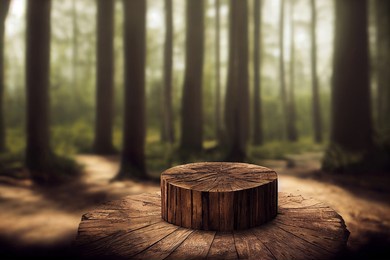 wooden round pedestal in the green forest 3d illustration, scenery of empty product podium in natural environment, green trees around, mystical mood