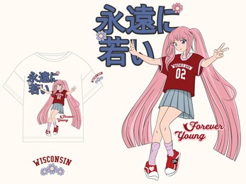 meaning of the word in japanese 'forever young', anime vector, anime girl, varsity slogan, varsity girl, collage, manga style, anime style, tshirt print, cute girl, big eyes, girl illustration