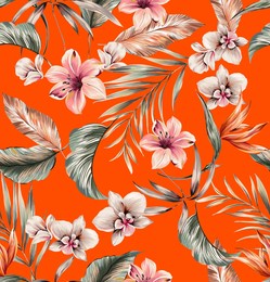tropical flowers and leaves beautiful and detailed seamless motif pattern illustration. fabric texture repeated. jungle botanic elements orchids, lily, plumeria and exotic leaves. orange color.