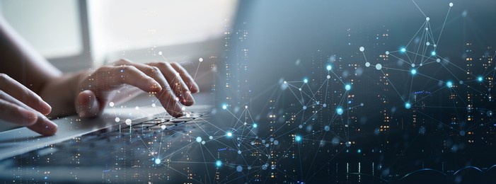 digital technology, internet network connection, big data, digital marketing iot internet of things. woman using modern computer surfing internet futuristic metaverse, innovative technology background