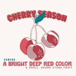 cherry season. cerise drawing. a bright deep red color. small round stone fruit. t-shirt print. graphic design. red. cherry illustration. children girl boy woman man fashion trend.