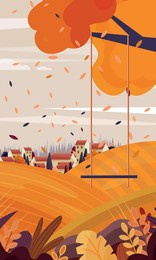 autumn swing poster. graphic element for website, outdoor recreation. countryside, houses in forest. fall season and rural landscape. nature and wild life concept. cartoon flat vector illustration