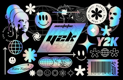 vintage holographic y2k styled sticker and graphic elements and symbols set for rave party poster or flyer or social network post or story isolated on black background. vector illustration
