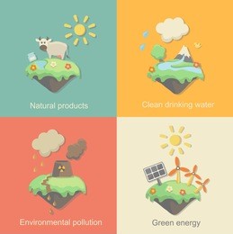 ecology concept vector icons set for environment, green energy and nature pollution designs. nuclear power plant and deforestation. flat style.