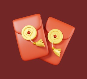 angpao aka. cny red envelopes isolated on red background. traditional asian decorations for the chinese new year elements icon. 3d render illustration.