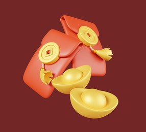angpao aka. cny red envelopes and gold ingots isolated on red background. chinese new year elements icon. 3d render illustration.