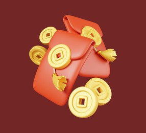 angpao aka. cny red envelopes, gold ingots and coin isolated on red background. chinese new year elements icon. 3d render illustration.