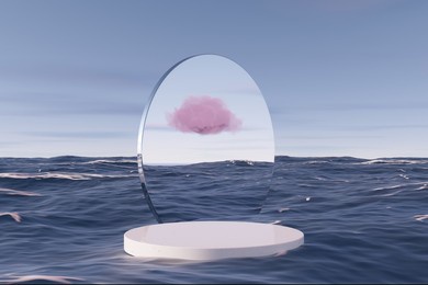 3d podium with copy space for product display presentation on tropical sunset beach abstract background. tropical summer and vacation concept. graphic rendering illustration art design.