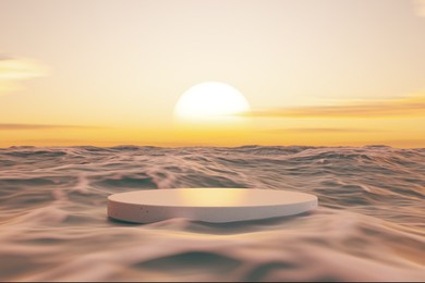 3d podium with copy space for product display presentation on tropical sunset beach abstract background. tropical summer and vacation concept. graphic rendering illustration art design.