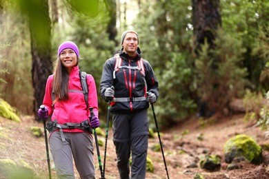 hiker couple backpackers hiking in forest on path in mountains.