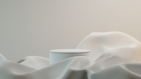 3d rendered podium or pedestal in white on circular shape with soft fluffy fabric or cotton element