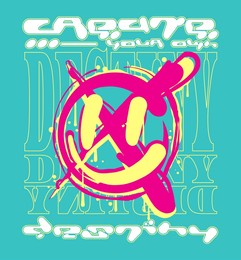 create your own destiny slogan in y2k graphic style. the design includes a happy emoji icon, adding a playful and positive vibe to the  message