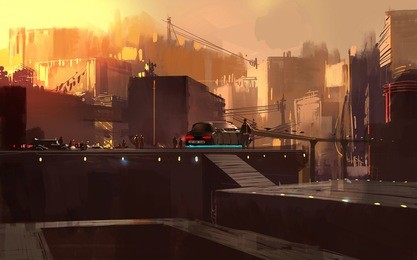digital painting showing futuristic sci-fi city at sunrise,illustration