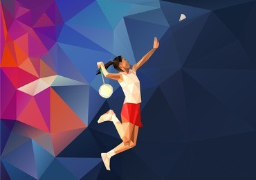 female badminton player jumping smash shot on colorful polygonal background