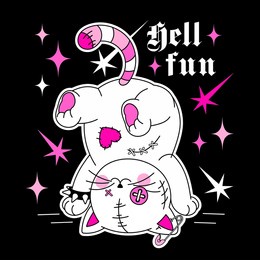 crazy emo y2k teddy toy kitten with goth slogan "hell fun".naughty glam weird gothic 00's sticker, rock black and punk pink colors. emo teen girly print. cute smile cat with seams, patches.