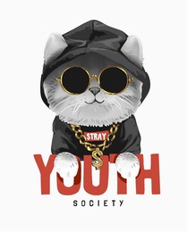 youth society slogan with cool cat in black hoodie and gold necklace vector illustration