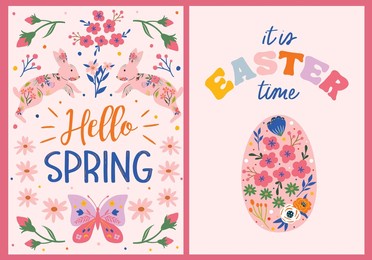 hello spring card illustration with   elements like easter egg, bunny, butterfly and florals. perfect for cards, wall art, invitation etc. 