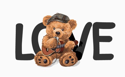 love slogan with bear doll holding microphone and guitar vector illustration