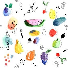 seamless pattern with fruits, berries on a white background. watercolor art. freehand creative illustration.