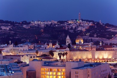 jerusalem old city and mount of olives at night, israel