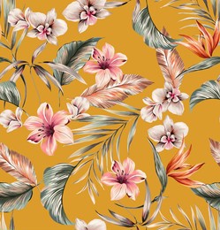 seamless pattern of paisley cashmere vintage colorful elements illustration. lily orchids, plumeria, peony, palms and banana leafs. yellow color background.