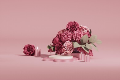 3d podium display, pastel pink background with rose flowers. peonies flower and palm leaf shadow. minimal pedestal for beauty, cosmetic product. valentine, feminine copy space template 3d render