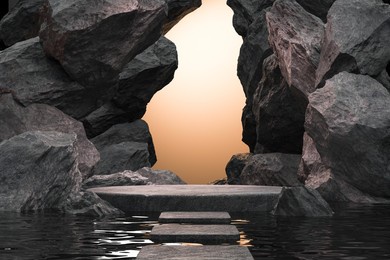 black geometric stone and rock shape background, minimalist mockup for podium display or showcase, 3d rendering.