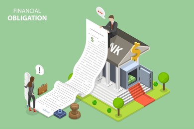 3d isometric flat vector conceptual illustration of financial obligation, loan agreement, money borrowing