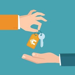 vector real estate concept in flat style - hands giving keys - sell house icon