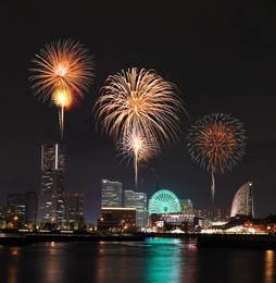 fireworks celebrating over  marina bay in yokohama city, japan