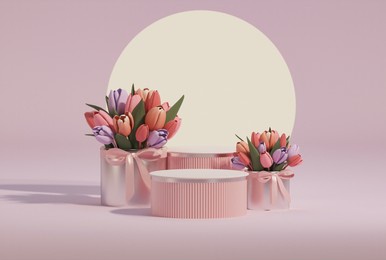 3d podium display, pastel purple background with tulip flowers. tulip flower and palm leaf. minimal pedestal for beauty, cosmetic product. valentine, feminine copy space template 3d render
