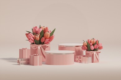 3d podium display, pastel pink background with tulip flowers. tulip flower and palm leaf. minimal pedestal for beauty, cosmetic product. valentine, feminine copy space template 3d render
