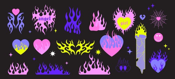 y2k gothic flame tattoo stickers. retro psychedelic love art. vector illustration of hand drawn elements, barbed wire, fire, butterfly, heart. aesthetic nostalgic 2000s goth girly icons.