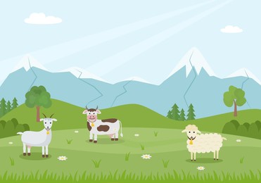 livestock on pasture. landscape. cow, sheep, goat. flat style. vector illustration 