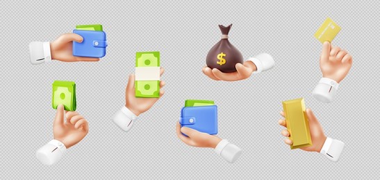 3d vector hand with money isolated set. concept of payment, richness with businessman palms holding wallet, card, sack and gold ingot, vector illustration in cartoon plastic style on white background