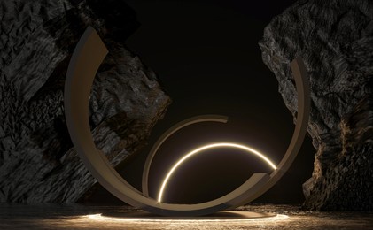 round rough stone pedestal, black cylinder in dark water. 3d render illustration. gold glitter decor design. empty base for product promotion. luxury golden mockup with rock shape podium