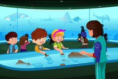 a vector illustration of kids going on a school field trip to aquarium