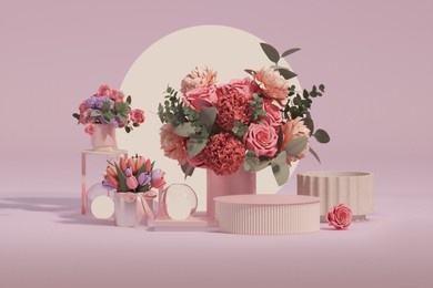 3d podium display, pastel purple pink background with rose flowers. colorful flower and palm leaf. minimal pedestal for beauty, cosmetic product. valentine, feminine copy space template 3d render

