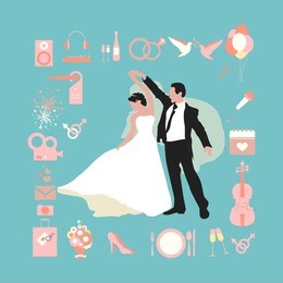 wedding info graphics. set of icons in the flat  style design with theme for infographic. silhouettes of the bride and groom are drawn. dance husband and wife