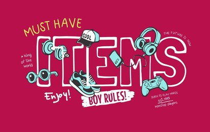 must have items slogan with boy items cartoon vector illustration