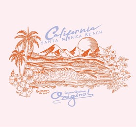tropical flowers, palm tree, sun hand drawn vector beach sketch with mountain, surfing beach vector landscape, panorama view with waves, sun and seagulls. illustration of surf board in the sand