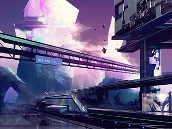 futuristic city. abstract drawn futuristic scifi fantasy cityscape and station with hills art illustration.