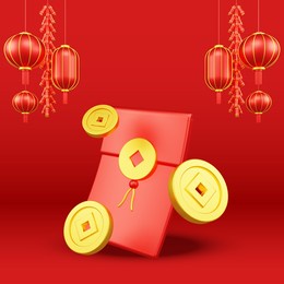 chinese new year 3d illustration with ornament for event promotion social media landing page with red envelope and coins for chinese new year celebration