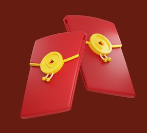 cny red envelopes, gold ingots and coin isolated on red background. chinese new year elements icon. 3d render illustration. angpao aka. chipping path