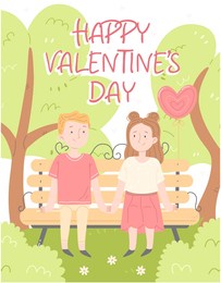 the concept of a valentine's day greeting card. illustration in cartoon style. happy valentine's day lettering. a boy and a girl on a date in the park. cute illustration