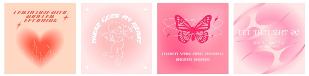 beautiful postcards with hearts, quotes, butterflies, cupid for post. trendy gradients, typography, y2k. social media instagram post templates for digital marketing and sales promotion.