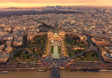sunset over trocadero with the palais de chaillot seen from the eiffel tower in paris,france.