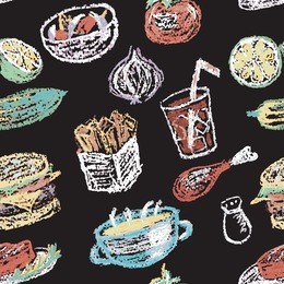 hand drawn restaurant menu elements. seamless pattern. chalk on board. vector illustration.
