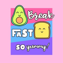 illustration of an avocado and a bread for breakfast, slogan print vector